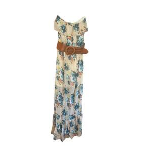 Hoity Toity Off Shoulder Belted Maxi Dress Summer Festival | Ivory Floral | M